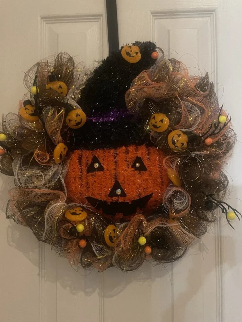 Halloween Deco Mesh Wreath Handmade Pumpkin, Purple Orange  Wall Decor Door 18”